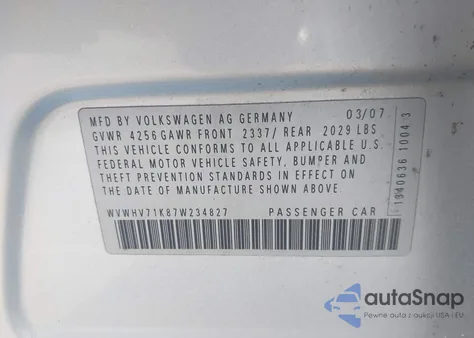 2007 Volkswagen Gti 4-Door z USA, uszkodzony, nr VIN WVWHV71K87W234827